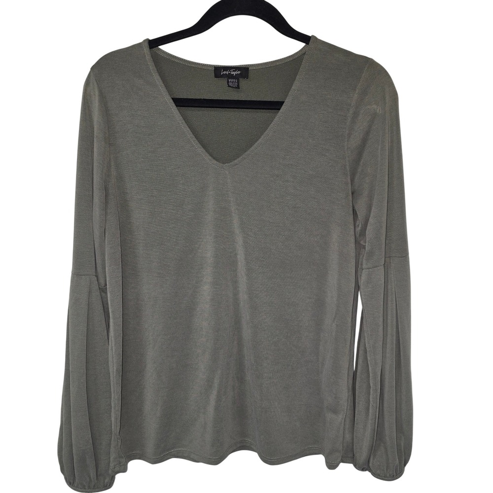 Lord & Taylor V-Neck Long Sleeve Top Women S Olive Green Modal Balloon Sleeve